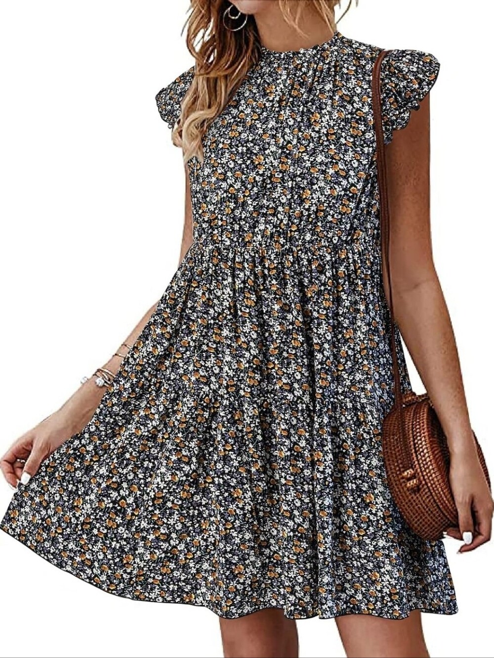 Kirundo Tiered High Neck Floral Dress Cap Sleeve